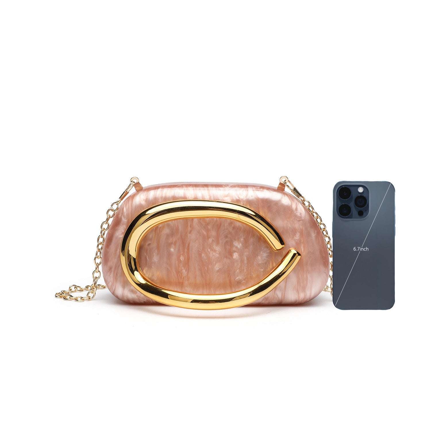 Pink acrylic dinner clutch with oval gold clasp and chain shoulder strap