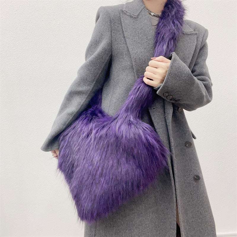 Plush Large Capacity Love Shoulder Bag for Women Winter Fleece Shoulder Bags Women Heart | Ectron Online