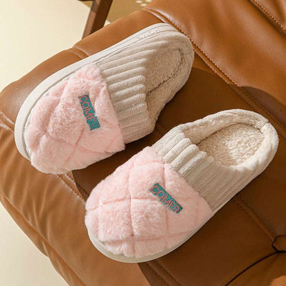 Solid Rhombic Letter Slippers – Warm, Non-Slip Plush for Couples Solid Rhombic Letter Home Slippers Winte | Ectron Online