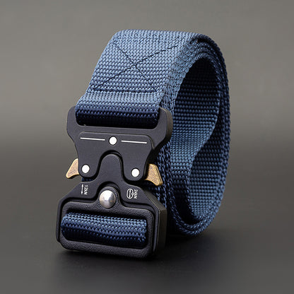 Men's Outdoor Nylon Elastic Buckle Belt Work Clothes Belt in blue with durable elastic design and secure buckle.