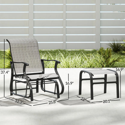 Outdoor lounge chair with ottoman and side table, gray cushions with dimensions