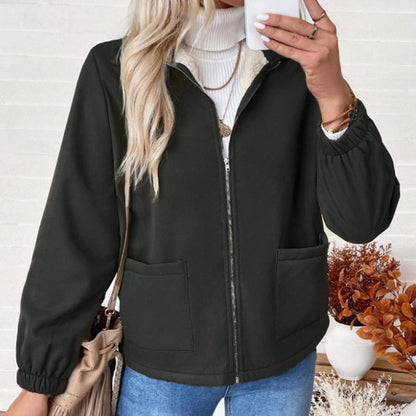 Women’s Fleece Zip-Up Jacket | Warm Lapel Collar Winter Coat Women's Solid Color Fleece Jacket, Lapel | Ectron Online