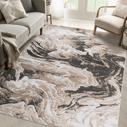 Abstract area rug with beige and light brown cloud-like swirls and dark gray