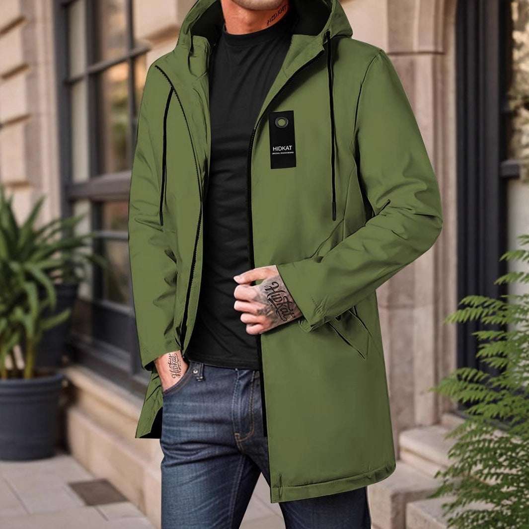 Mid-length Men's Hooded Casual Workwear Shell Jacket Windproof Jacket