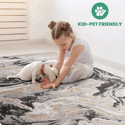 Abstract runner rug with dark gray and light beige swirling pattern, distressed texture
