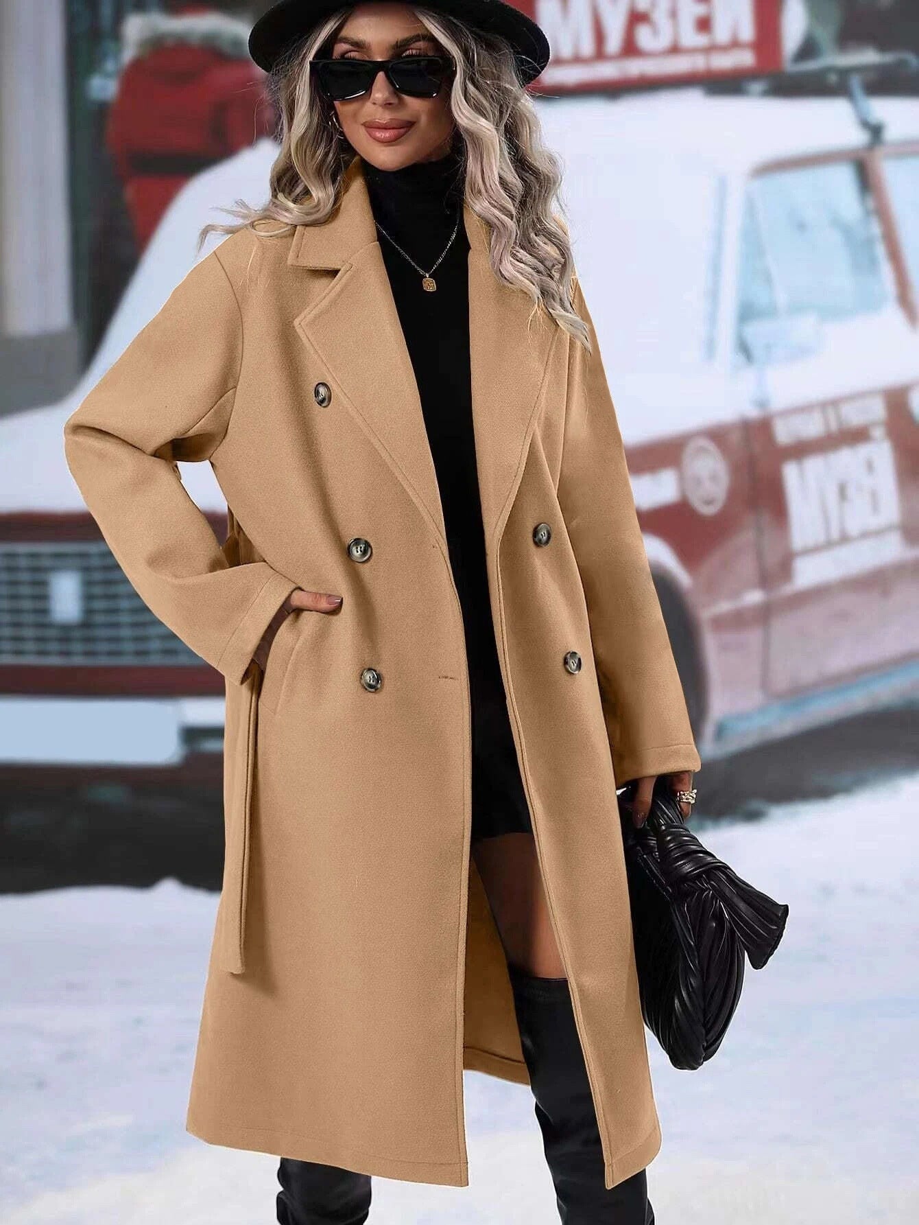 Women's Double-Breasted Woolen Coat | Lace-Up Slim Winter Overcoat
