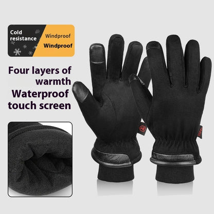 Black gloves with text highlighting features on a white background