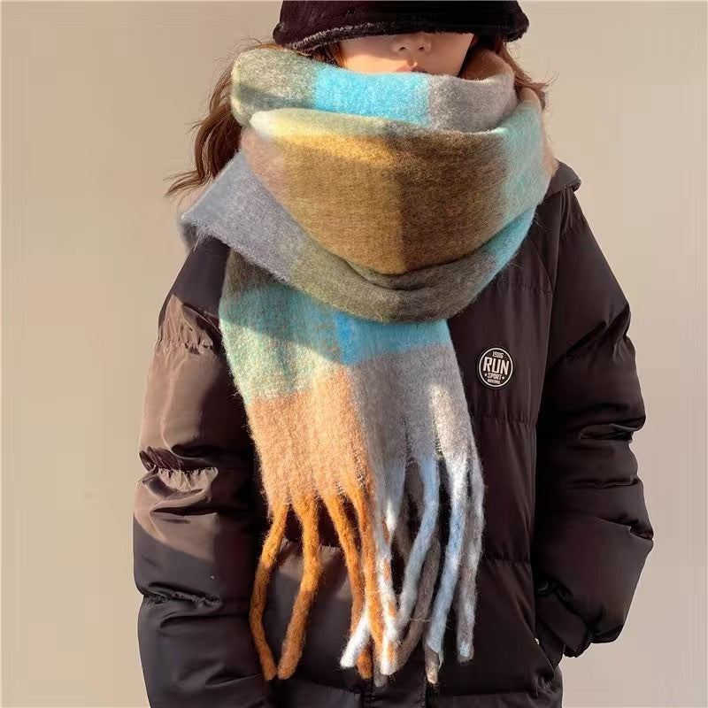 Women's Rainbow Plaid Tassel Scarf | Colorful Color-Block Winter Shawl