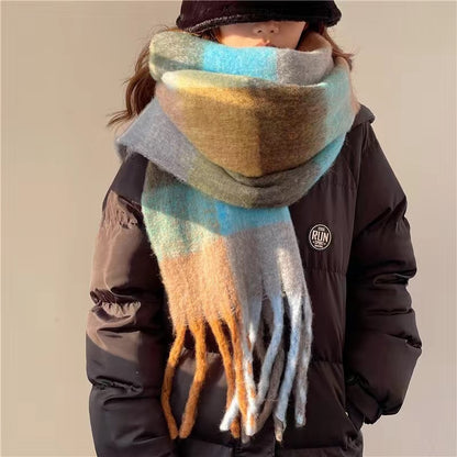 Women's Rainbow Plaid Tassel Scarf | Colorful Color-Block Winter Shawl Women's Plaid Tassel Scarf Rainbow Color | Ectron Online