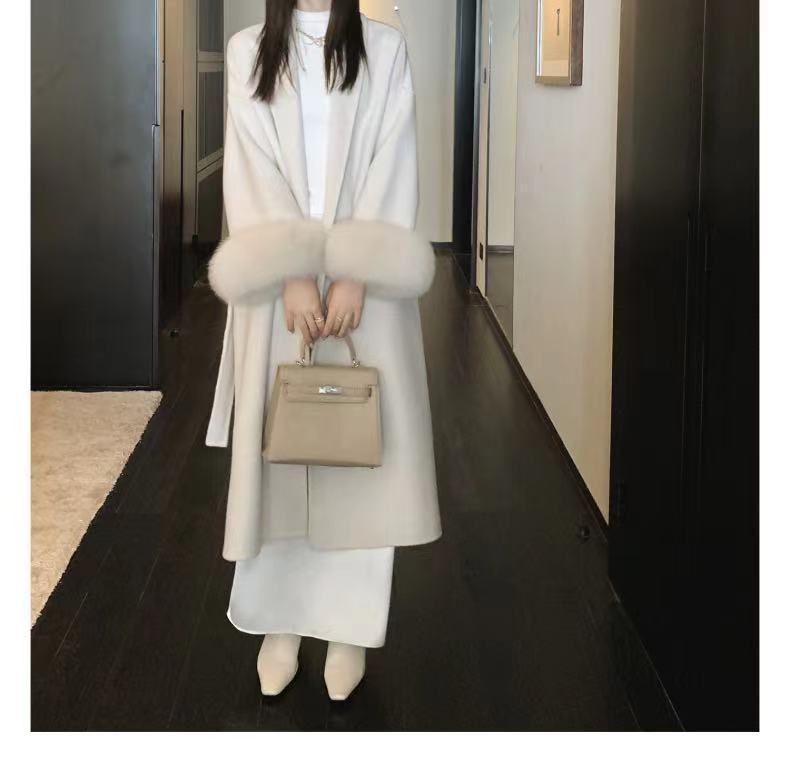 Elegant Double-Sided Cashmere Coat - Detachable Fox Fur Cuff Cuff Detachable Fox Fur Elegant Double-s | Ectron Online