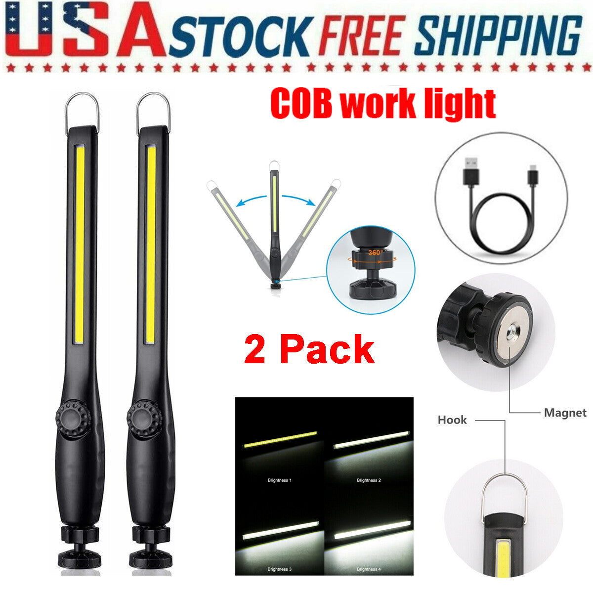 2-Pack Rechargeable LED Work Light - Magnetic Flexible Torch