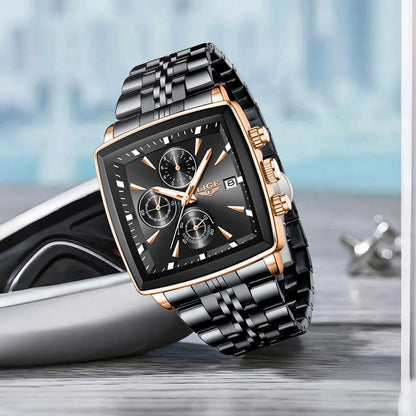 Square dial wristwatch with black face, rose-gold bezel, and black metal link bracelet