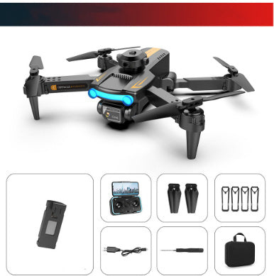 Black drone with blue light bar on white background, accessory icons including battery and case