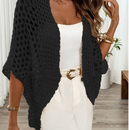 Women's black crochet cardigan with openwork knit and draped short sleeves