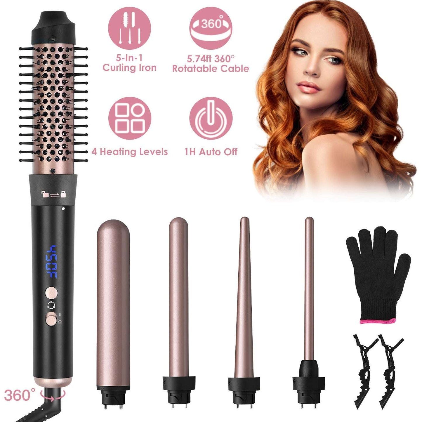 5-in-1 Curling Wand & Thermal Brush Set - Anti-Tangle Hair Curler 2 Type Options--1Pc 5 In 1 Curling Wand | Ectron Online