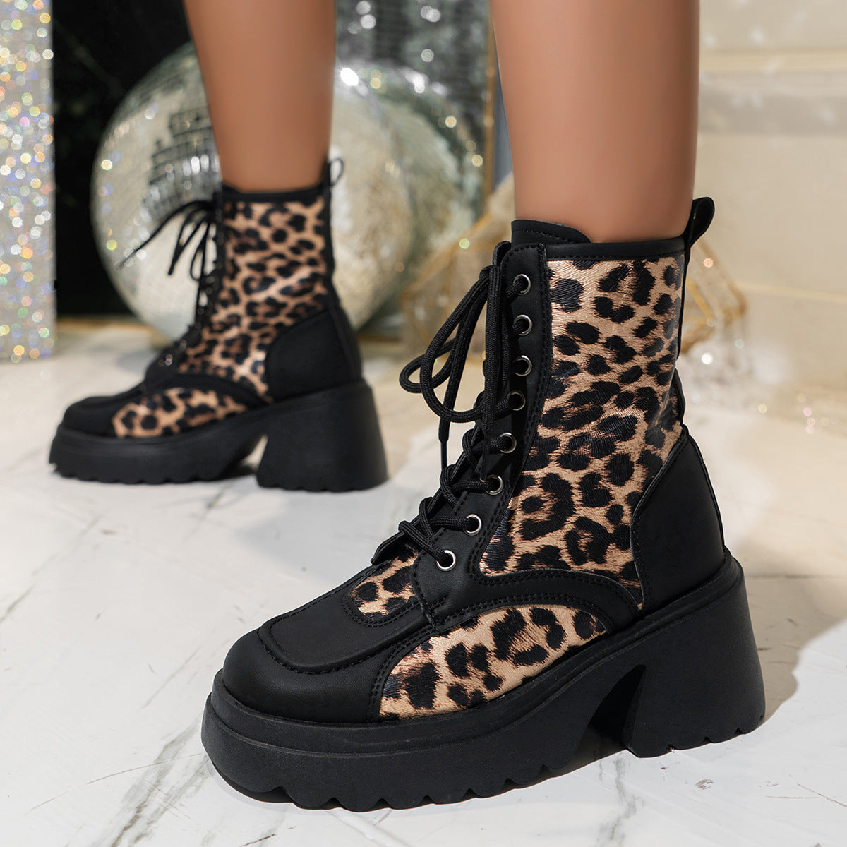 Leopard Print Chunky Heel Booties Female Lace-up Platform British