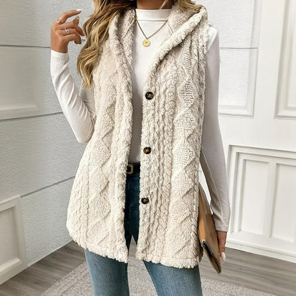 Women's Textured Hooded Vest | Button-Front Fall Layering Piece Women's Textured Sleeveless Hooded Vest, | Ectron Online