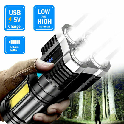 Black LED flashlight with blue USB charge icon and high/low brightness labels