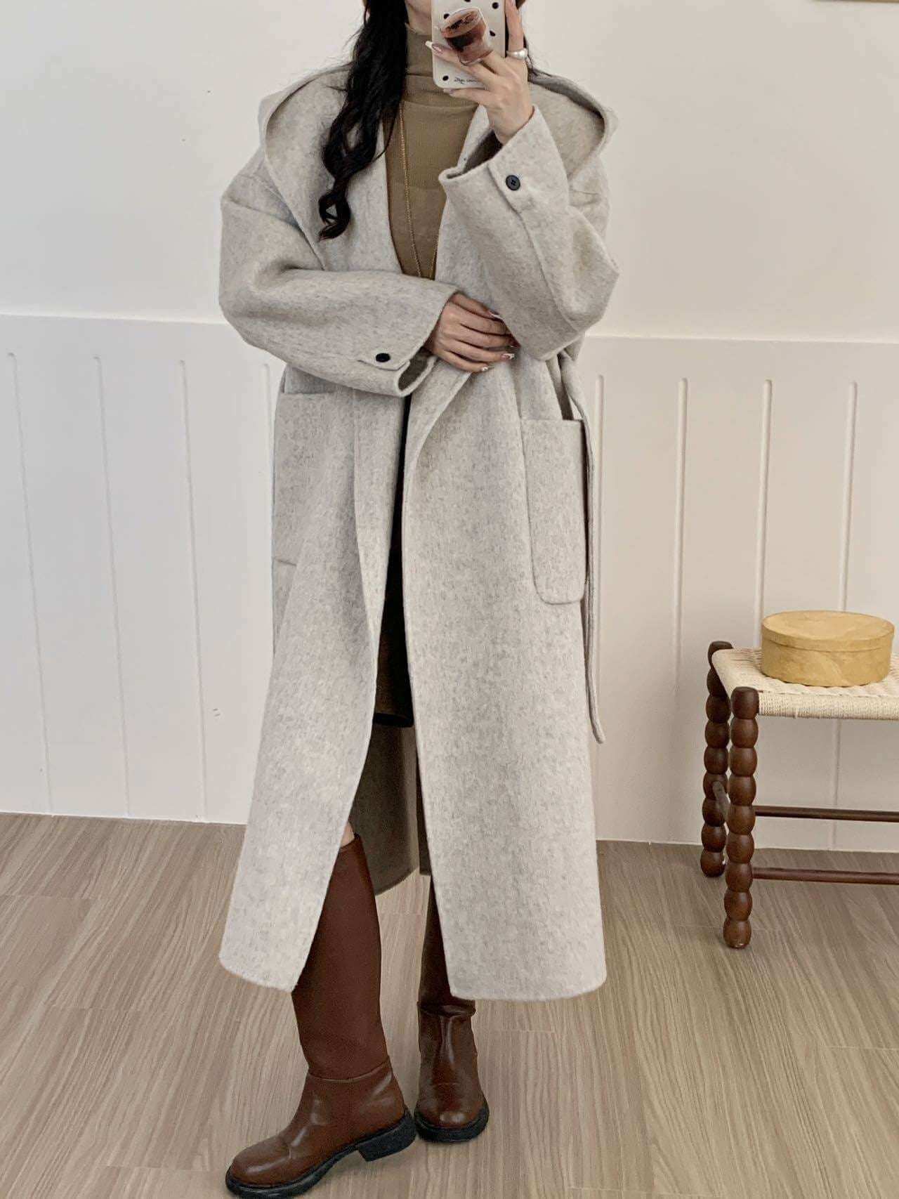 Women's Hooded Solid Color Double-Sided Wool Overcoat Solid Color Hooded Double-sided Wool Ove | Ectron Online