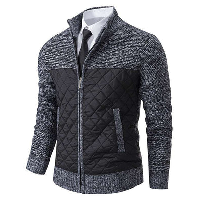 Gray and black quilted jacket on a white background