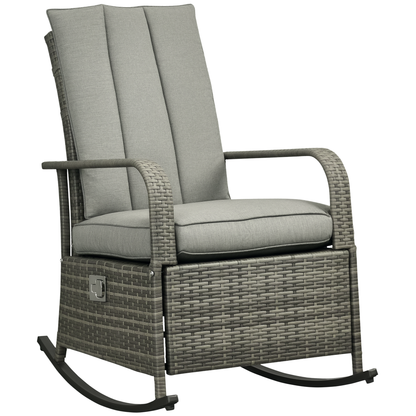 Gray wicker rocking recliner with high back, padded seat, armrests, and footrest