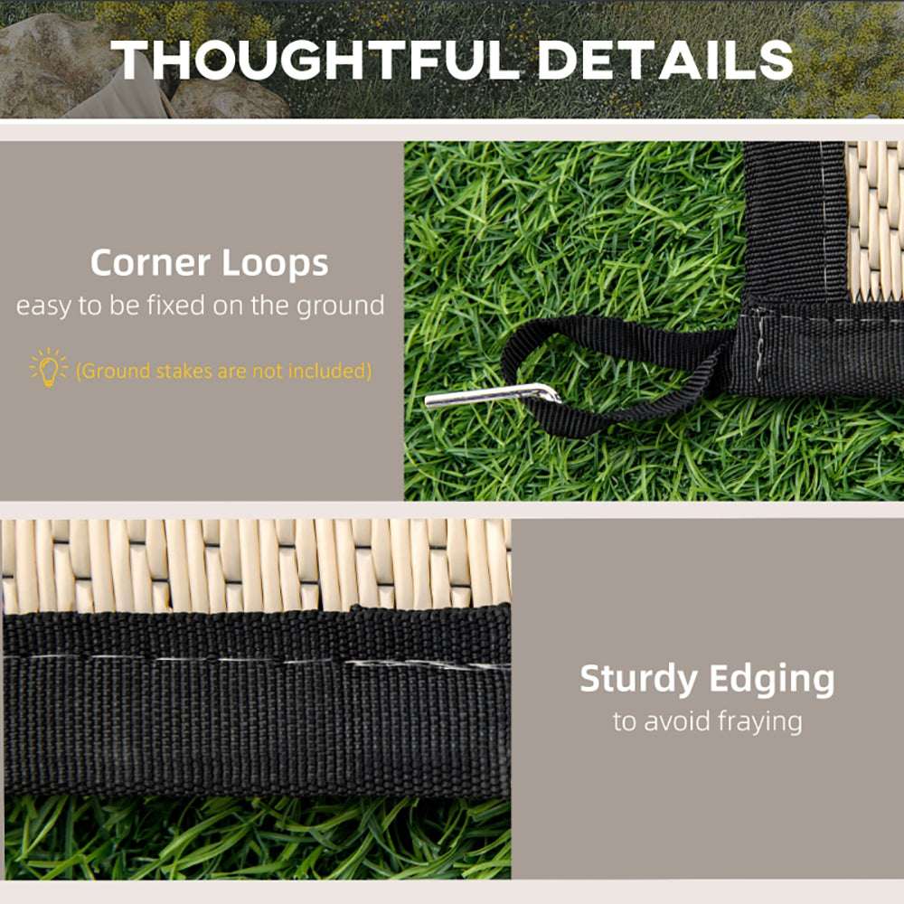 Outdoor rug corner loops with stitched edging on dark reversible mat