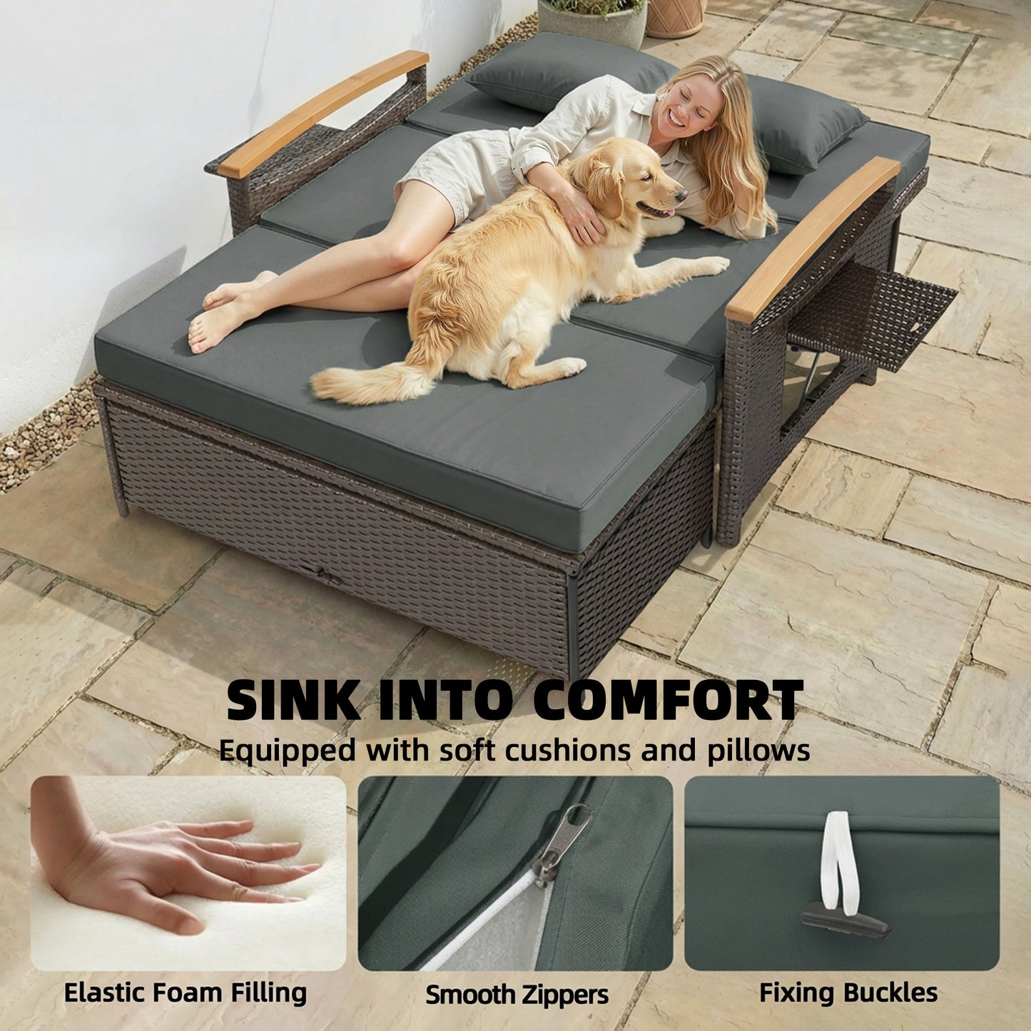 Rattan Outdoor Daybed with 4-Level Adjustable Backrest - Gray