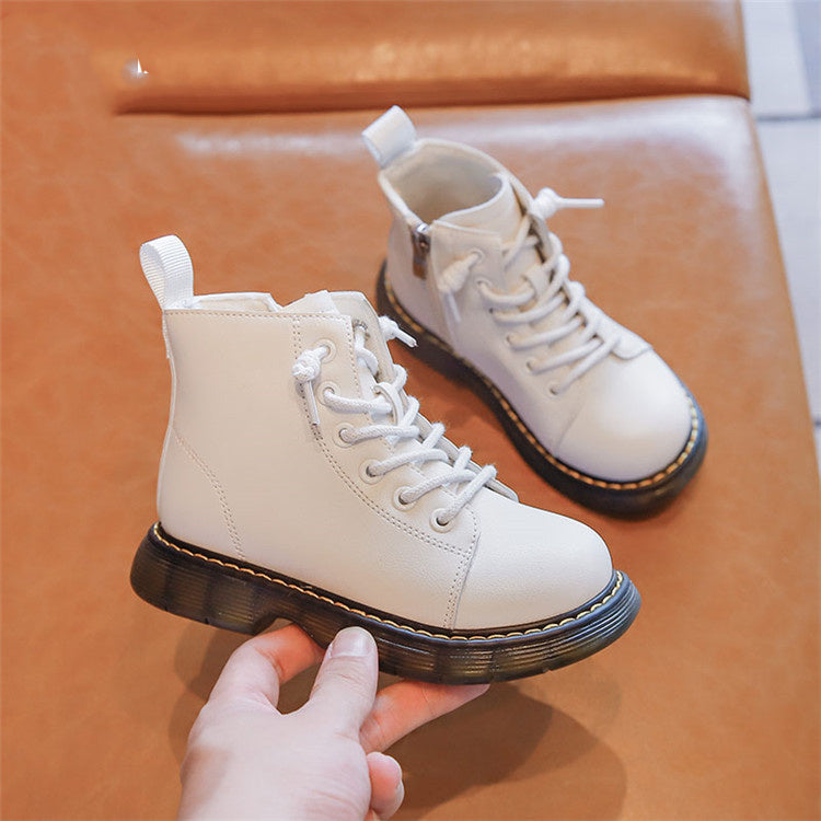 White children's lace-up short boots pair with thick rubber sole and side pull tabs