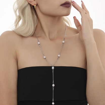 Stainless Steel Pearl Y-shaped Clavicle Chain Light Luxury Tassel Necklace For Women