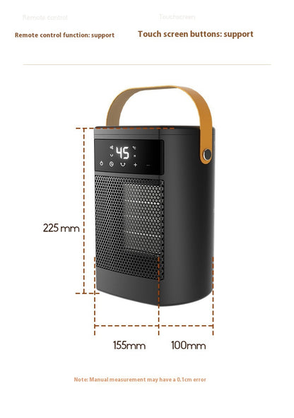 Black portable heater with dimensions and features on a white background