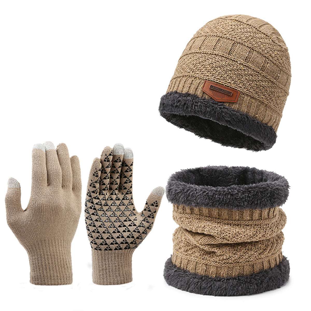 Men's Fleece-Lined Knitted Hat, Scarf & Gloves 3-Piece Winter Set Men's Winter Scarf Gloves Three-piece Se | Ectron Online