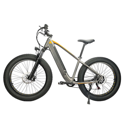 Electric fat-tire bicycle with dark frame and yellow accent stripe, front disc brake