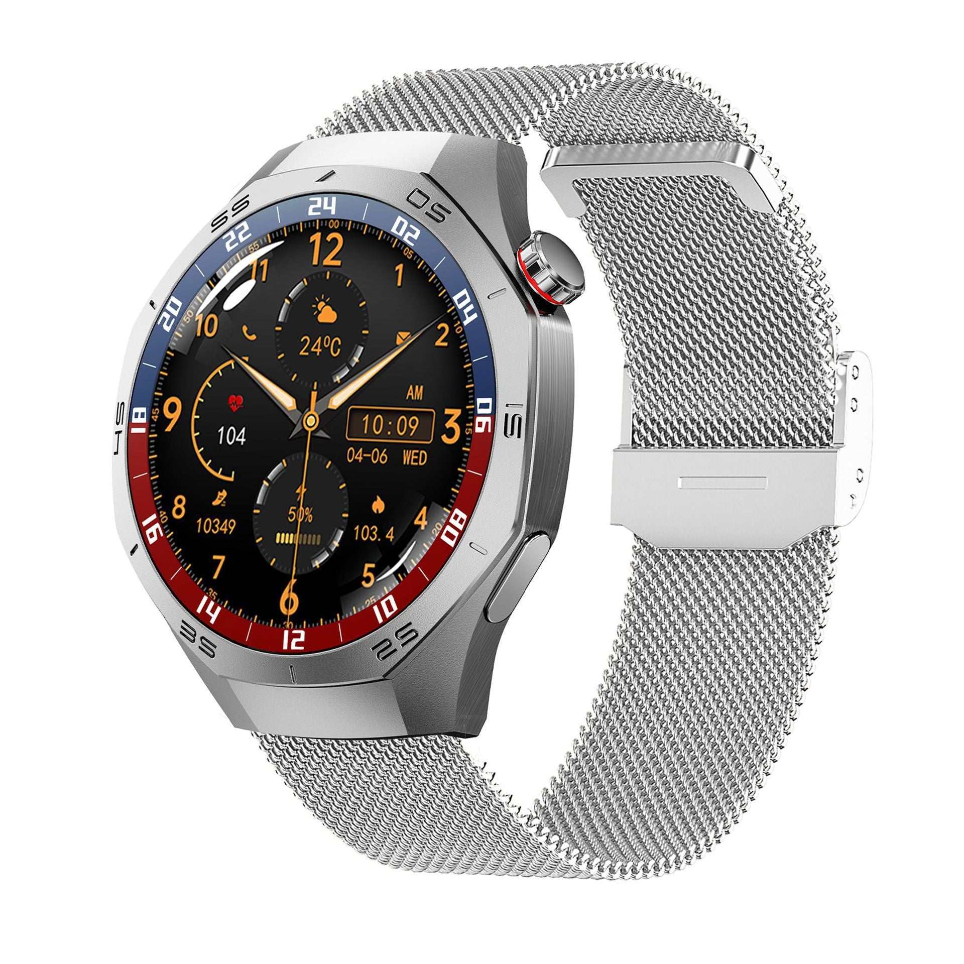 Silver case smartwatch with silver mesh metal strap and camera lens