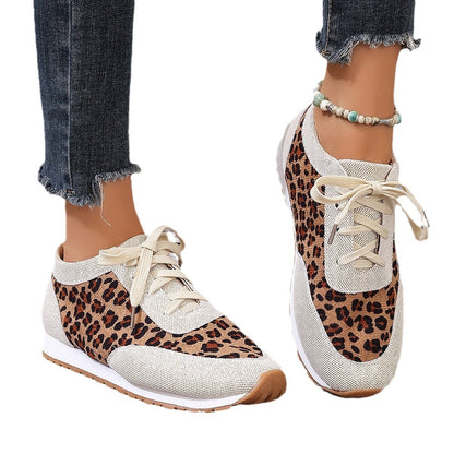 Flat Bottomed Leopard Print Lace Up Casual Sports Shoes