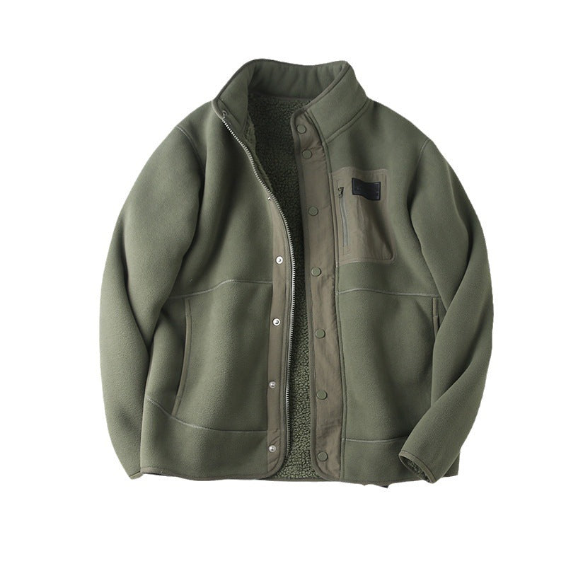 Green fleece-lined thick jacket with tan accents, snap front, and fleece-lined collar