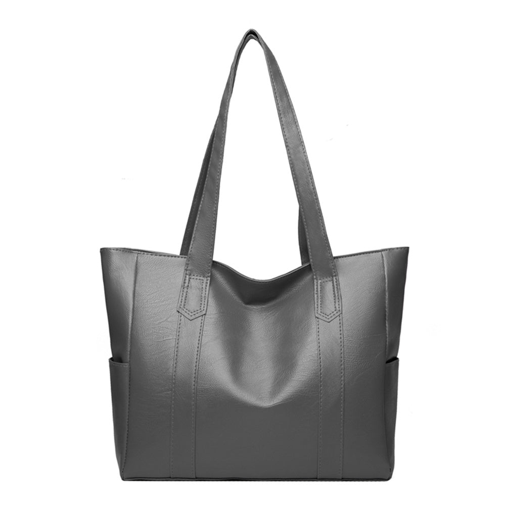 Dark gray leather shoulder bag with wide top handles and front panels