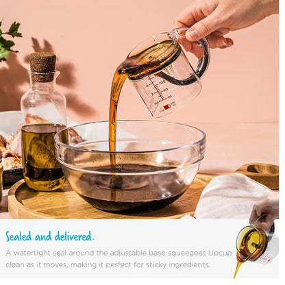 Hand pouring liquid from a measuring cup into a bowl with text about the product's features.