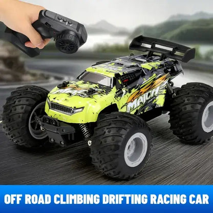 Neon green RC crawler toy car with chunky tires and remote controller held in a hand