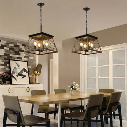 Black farmhouse 4-light pendant chandelier with geometric cage and four exposed bulbs