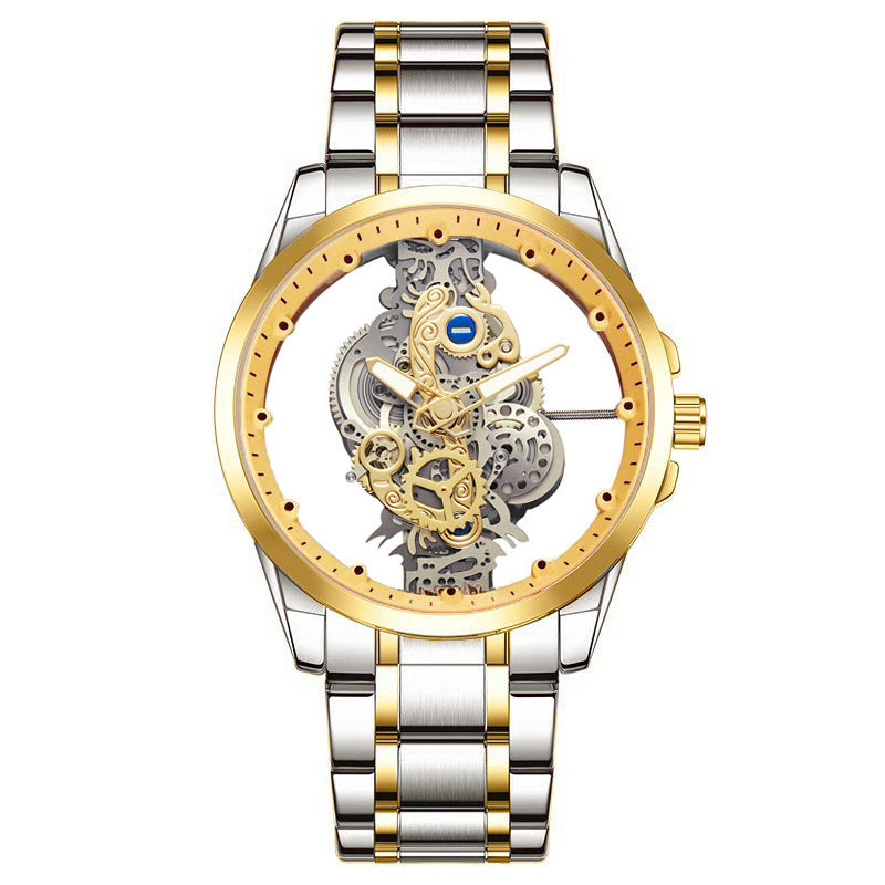 Two-tone automatic men’s watch with transparent skeleton dial and gold-silver metal bracelet