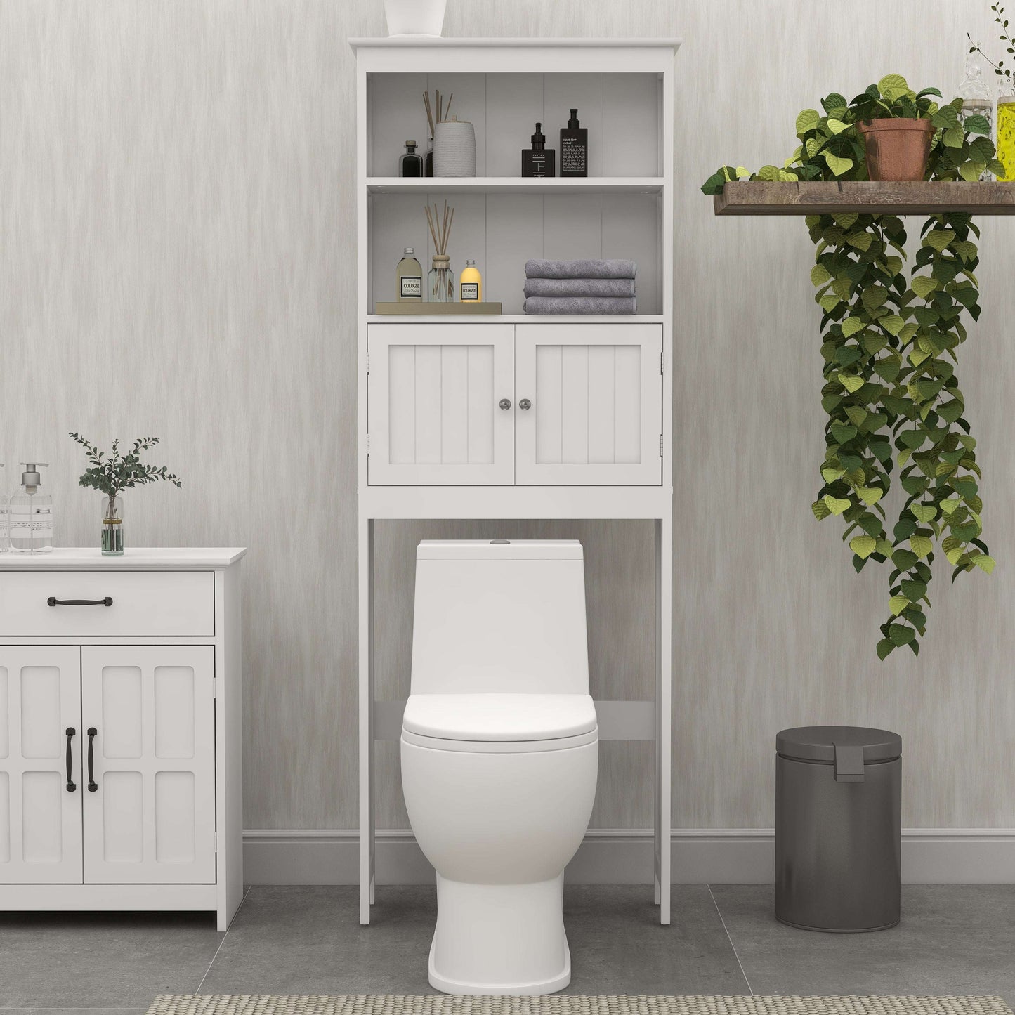White 2-tier over-the-toilet storage rack with open shelving and cabinet doors