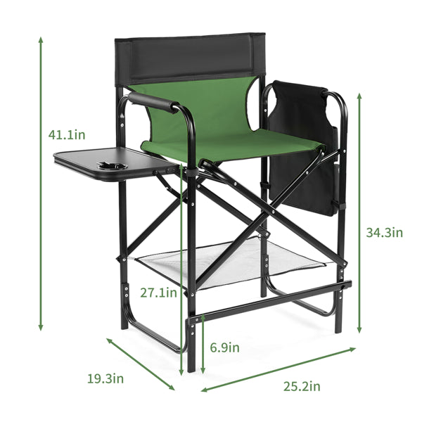 Tall director's chair with olive green seat, side table, black storage pockets, footrest