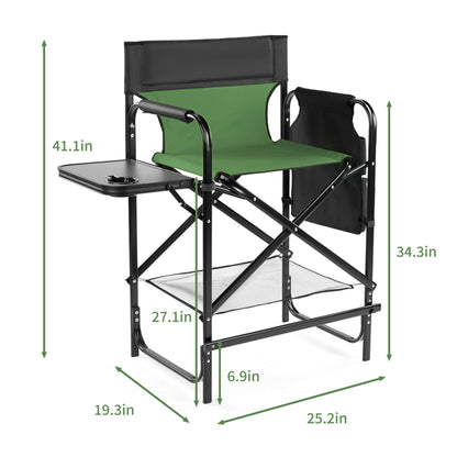 Tall director's chair with olive green seat, side table, black storage pockets, footrest