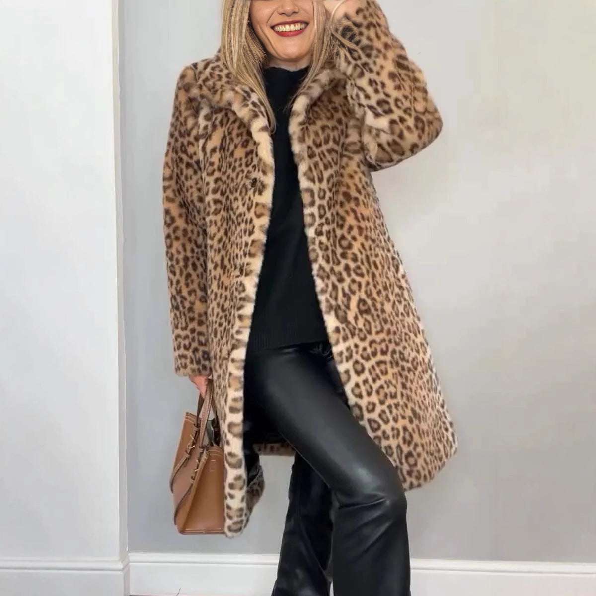 Cozy Leopard Print Mid-Length Coat Fall Winter Leopard Print Plush Mid-leng | Ectron Online