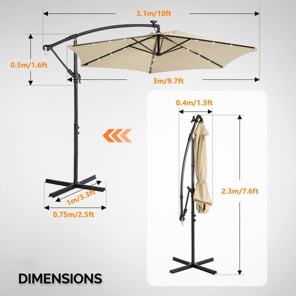 Khaki hanging patio umbrella with side cover and black support stand