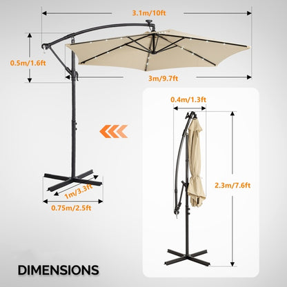 Khaki hanging patio umbrella with side cover and black support stand