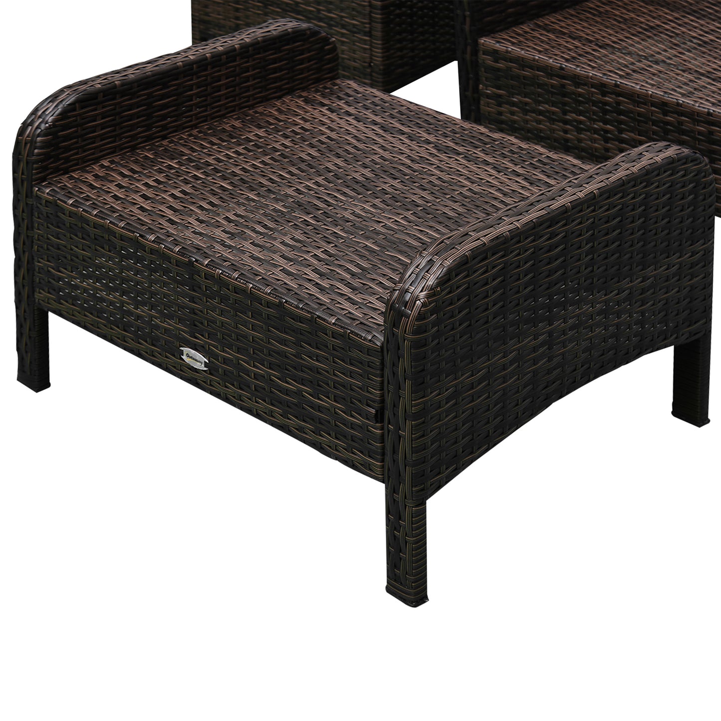 Woven wicker ottoman with beige cushion, dark brown frame and short legs