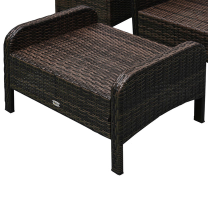 Woven wicker ottoman with beige cushion, dark brown frame and short legs