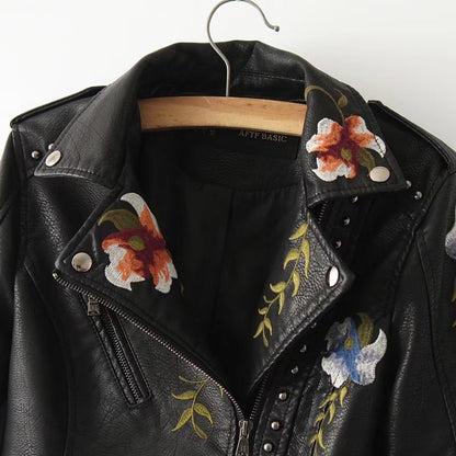 Fashion Rivet Flower Embroidered PU Leather Jacket