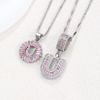 Rock Sugar 26-letter Pendant Necklace For Women, Copper Inlaid Zircon Round Flower Jewelry Set
